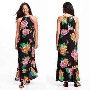 2/$30 Old Navy Floral Print Sleeveless Flowy Halter Maxi Dress Black Small